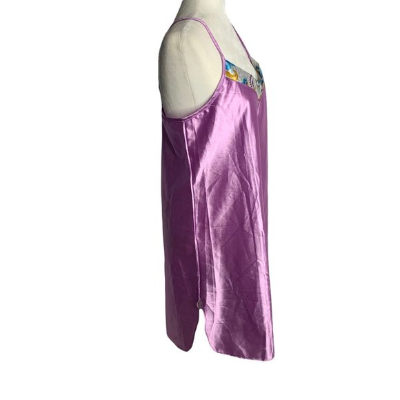 Vintage 80s Silky Nightgown L Purple Floral Spaghetti Straps V Neck Round Hem - Picture 5 of 6